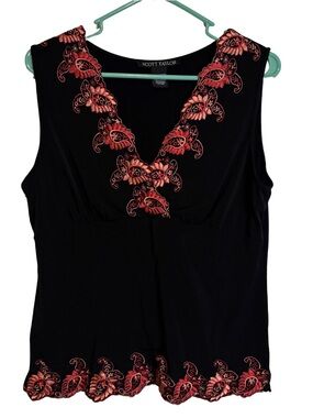 3/$20 Scott Taylor Black Sleeveless Tank Top with Red Embroidered V-Neck